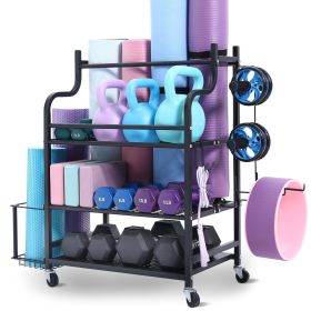 Yoga Mat Storage Rack, Home Gym Workout Equipment Organizer, Powder Coated Finish Steel Yoga Mat Holder with Hooks & Wheels, Weight Rack for Dumb