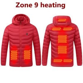Men 9 Areas Heated Jacket USB Winter Outdoor Electric Heating Jackets Warm Sprots Thermal Coat Clothing Heatable Cotton jacket (Color: 9 Areas heated Red, size: L)