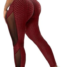Honeycomb Mesh Contrast Leggings, Sporty Skinny High Waist Lifting Yoga Leggings, Women's Clothing (Color: BURGUNDY, size: L(8/10))