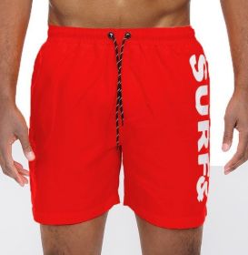 Solid Lined Beach Swim Text Swim Shorts (Color: Red, size: L)