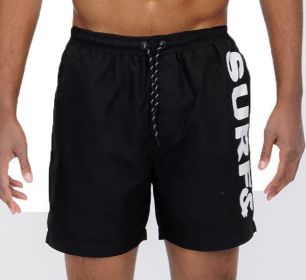 Solid Lined Beach Swim Text Swim Shorts (Color: Black, size: L)